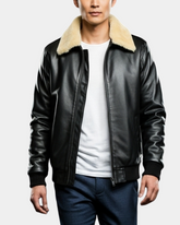 Mens Bomber Leather Jacket with Sheepskin Collar Viggo Nova Black